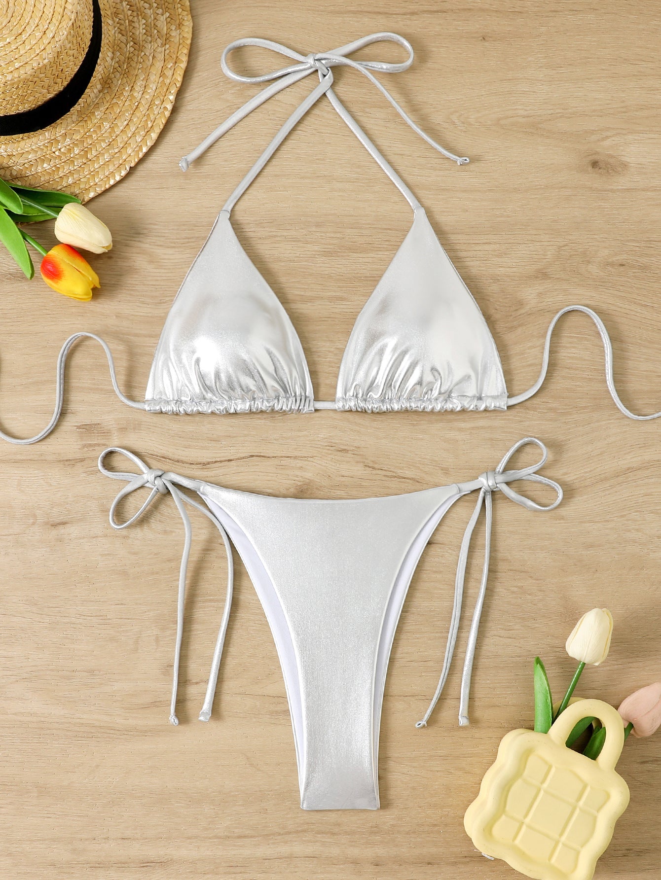 Metallic Triangle Bikini Set – Shiny Gold Sexy Three Piece Swimwear