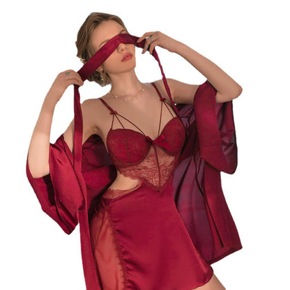 Luxury Burgundy Lace Satin Lingerie Set with Robe – Sheer Mesh Cutout Romantic Nightdress