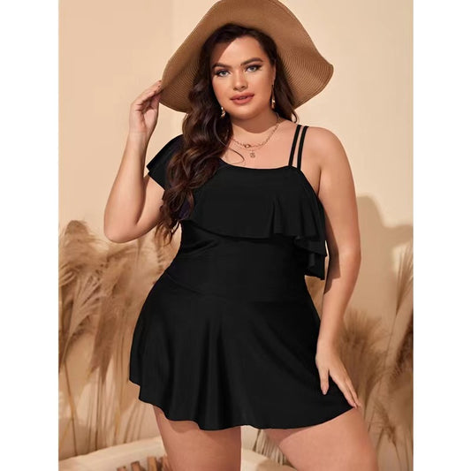 Plus Size One-Shoulder Ruffle Swimdress - Slimming Tummy Control Swimsuit & Skirted Bathing Suit